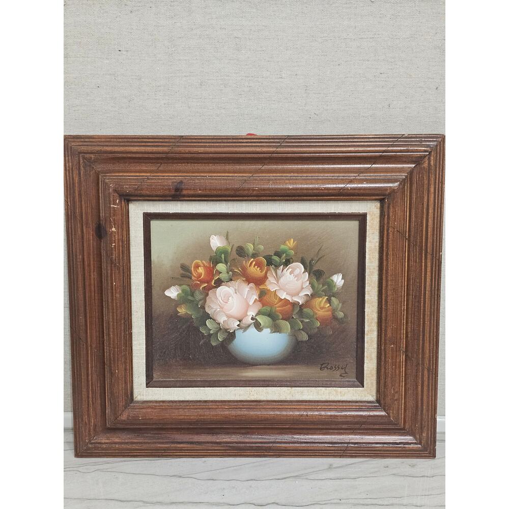 Original Signed Rossy Roses Oil on Board Painting 17" x 15" Wood Frame BEAUTIFUL